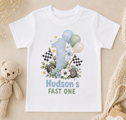 Personalised 1st birthday t-shirt, Fast One Racing Car design with name