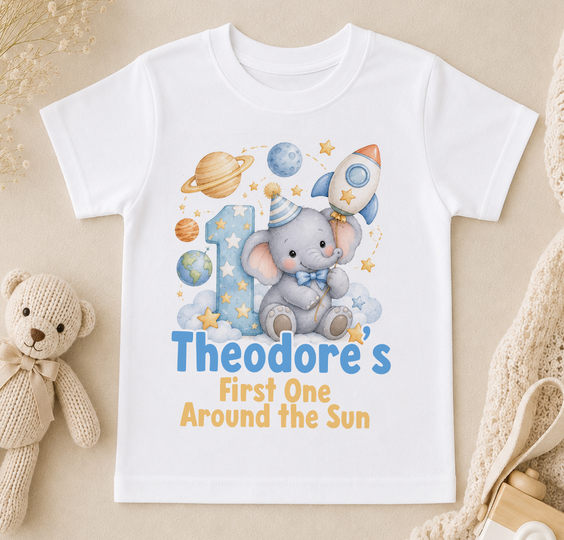 Personalised 1st birthday t-shirt, Space Elephant First Trip Around the Sun design with name