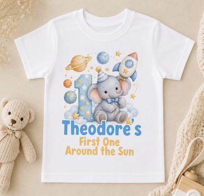 Personalised 1st birthday t-shirt, Space Elephant First Trip Around the Sun design with name