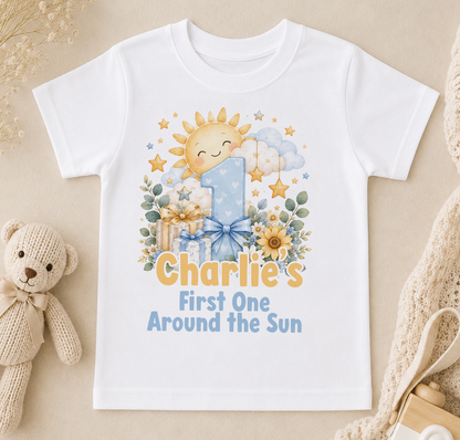 Personalised 1st birthday t-shirt, Sunshine First One Around the Sun design with name