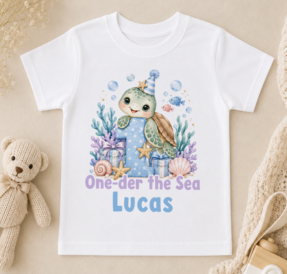 Personalised 1st birthday t-shirt, Turtle One-der the Sea design with name