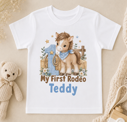 Personalised 1st birthday t-shirt, My First Rodeo Pony design with name