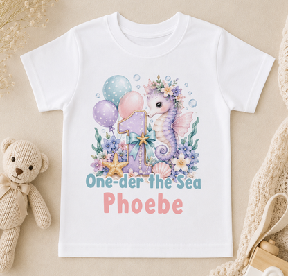 Personalised 1st birthday t-shirt, Seahorse One-der the Sea design with name