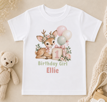 Personalised 1st birthday t-shirt, Woodland Deer Birthday Girl design with name