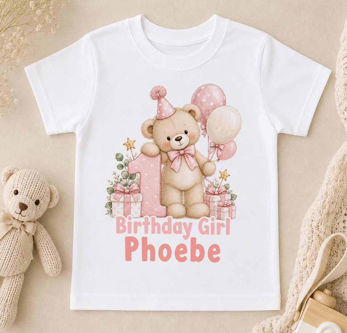 Personalised 1st birthday t-shirt, Pink Teddy Balloons Birthday Girl design with name