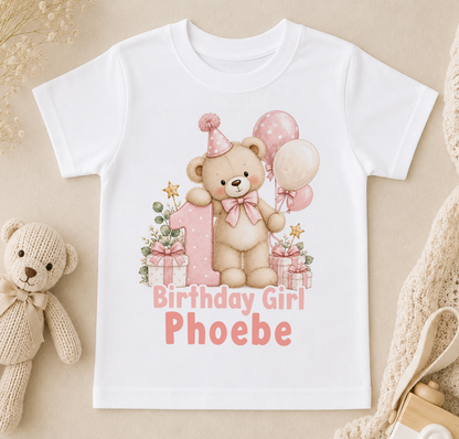 Personalised 1st birthday t-shirt, Pink Teddy Balloons Birthday Girl design with name