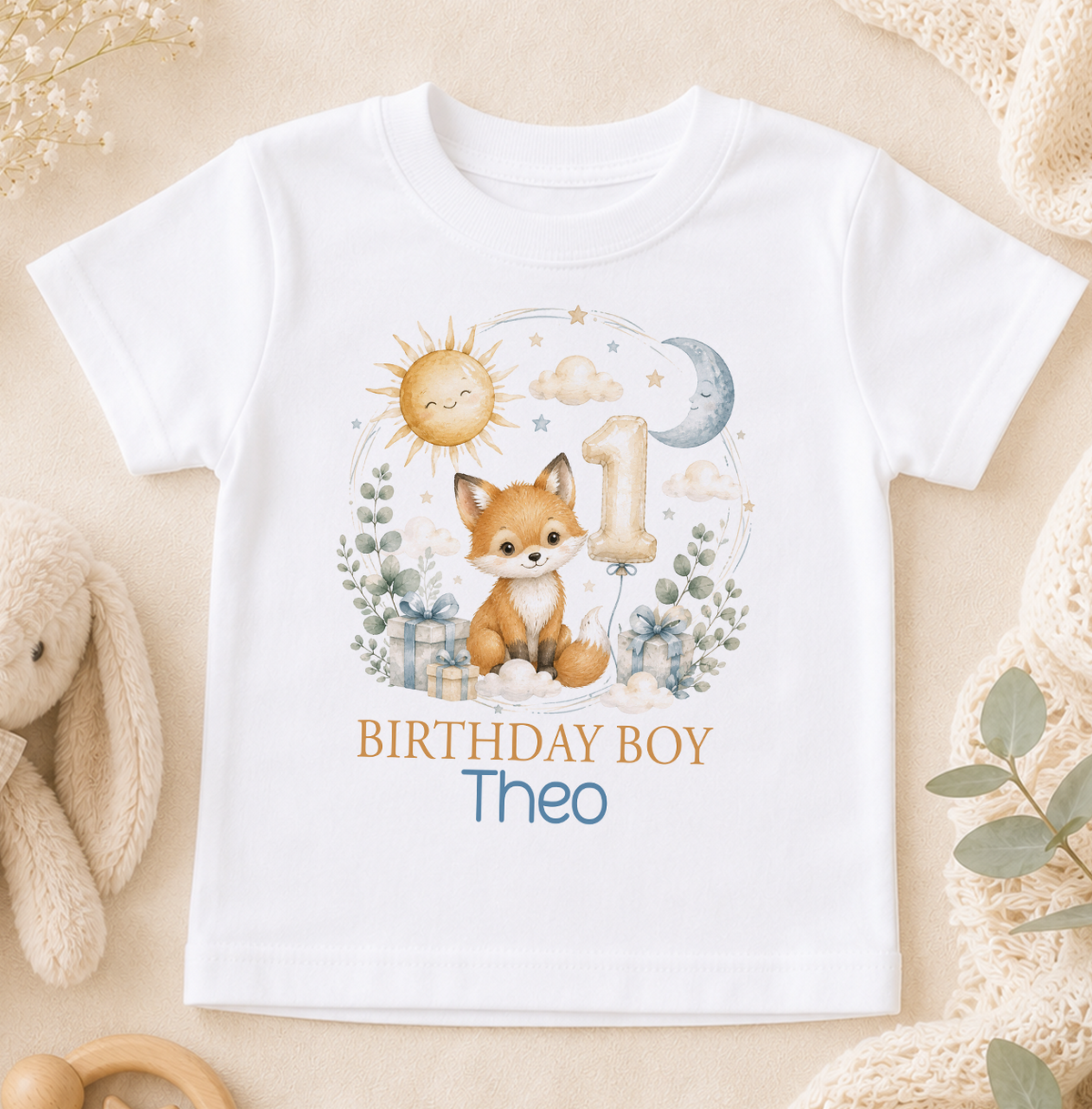 Personalised 1st birthday t-shirt, Fox Sun and Moon Birthday Boy design with name