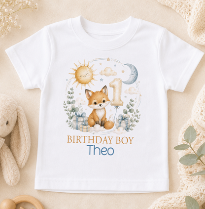 Personalised 1st birthday t-shirt, Fox Sun and Moon Birthday Boy design with name