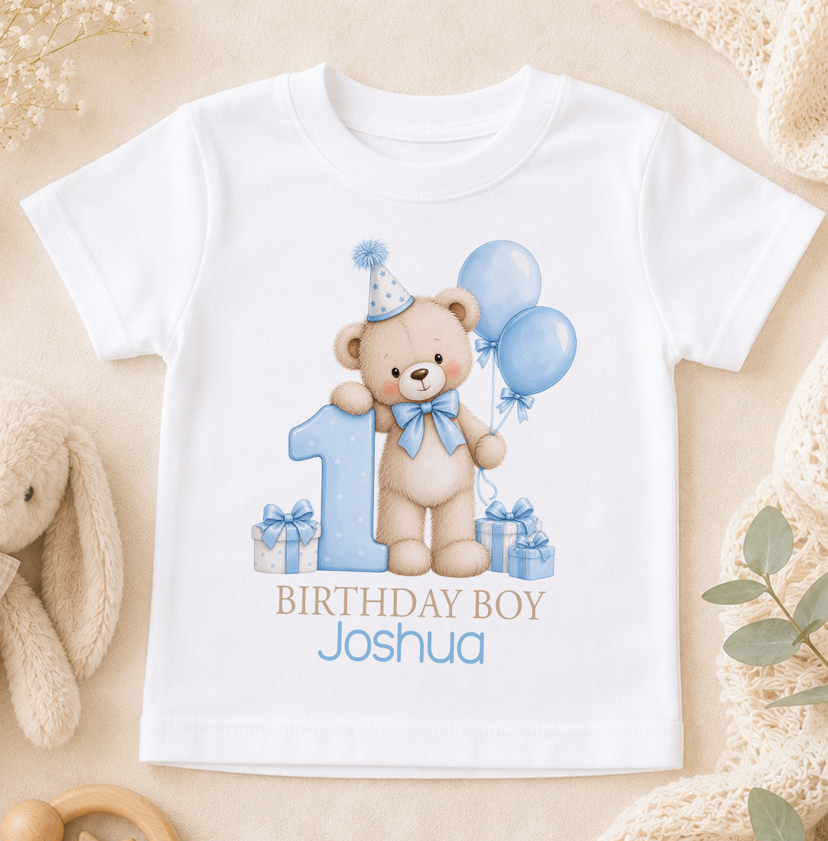 Personalised 1st birthday t-shirt, Blue Teddy Balloons Birthday Boy design with name