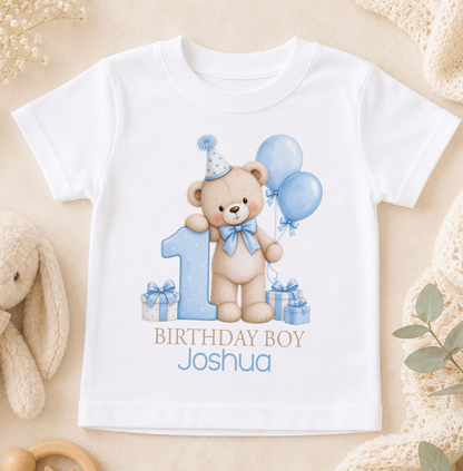 Personalised 1st birthday t-shirt, Blue Teddy Balloons Birthday Boy design with name