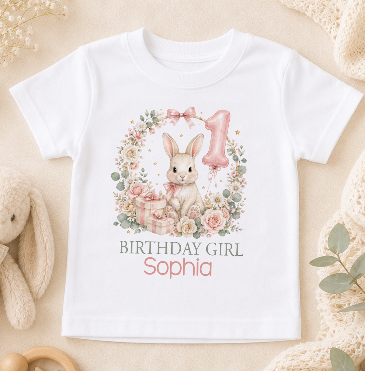 Personalised 1st birthday t-shirt, Bunny Floral Wreath Birthday Girl design with name