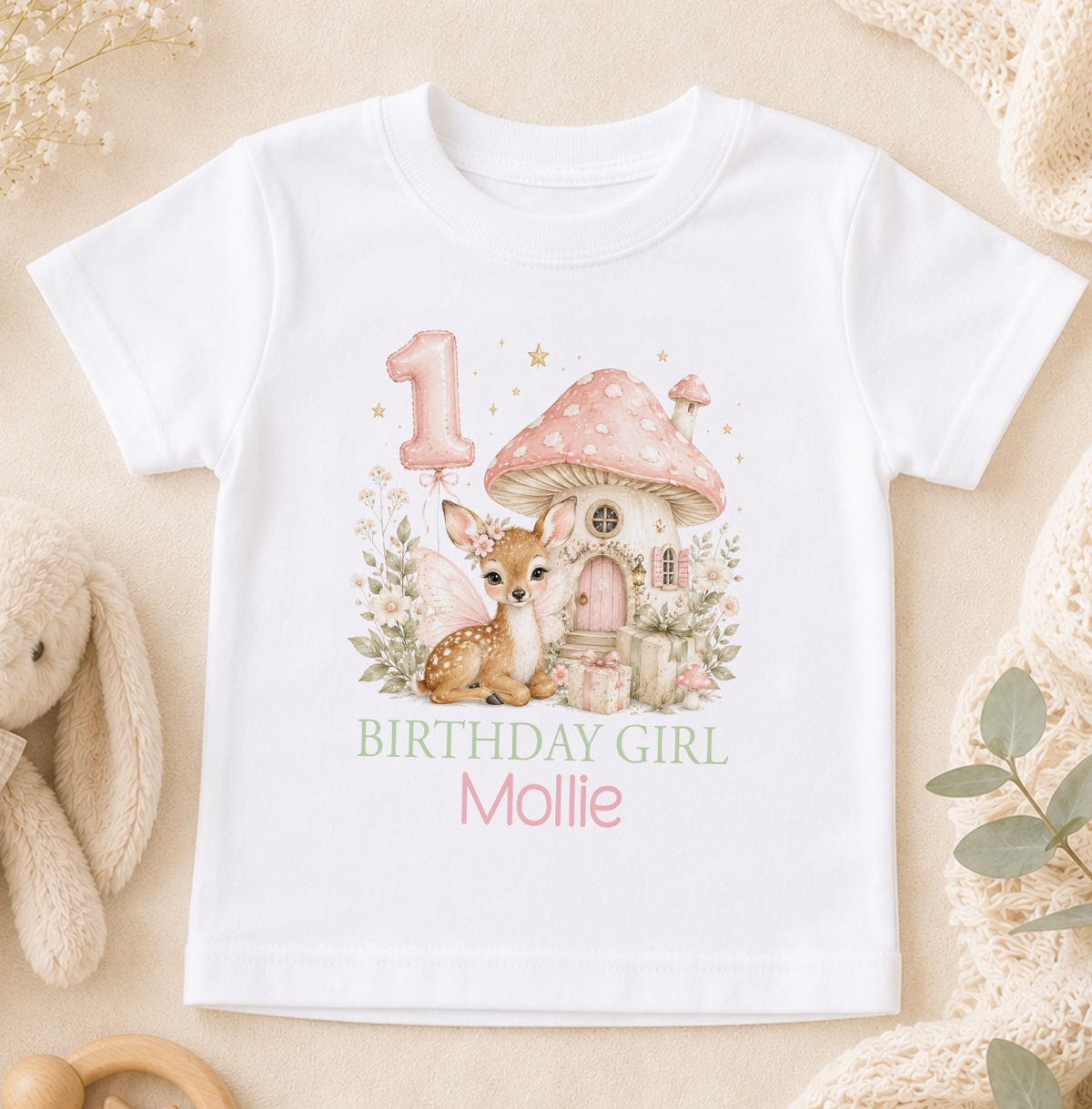 Personalised 1st birthday t-shirt, Fairy Deer Toadstool Birthday Girl design with name