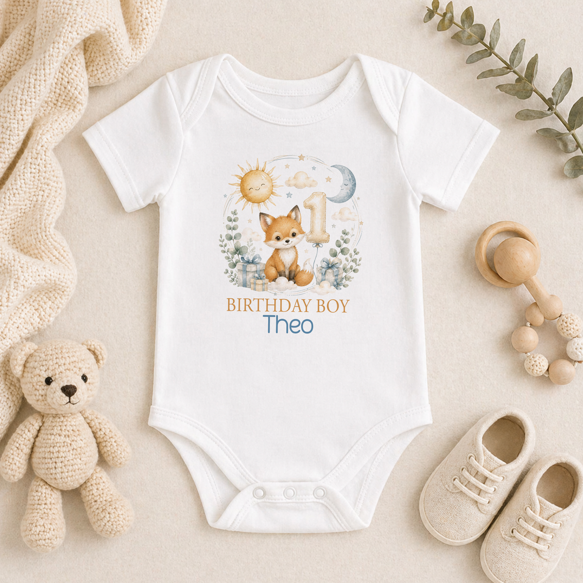Personalised 1st birthday baby vest, Fox Sun and Moon Birthday Boy design with name