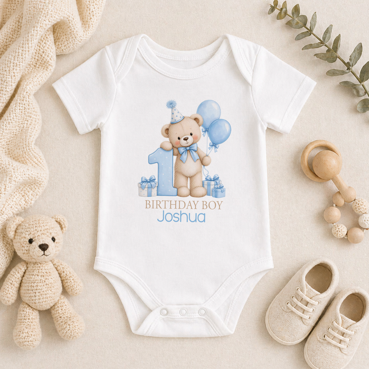 Personalised 1st birthday baby vest, Blue Teddy Balloons Birthday Boy design with name