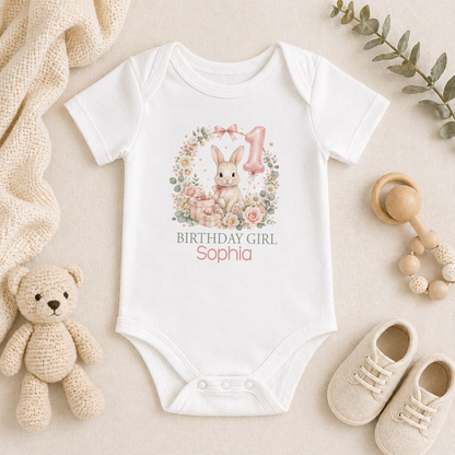 Personalised 1st birthday baby vest, Bunny Floral Wreath Birthday Girl design with name