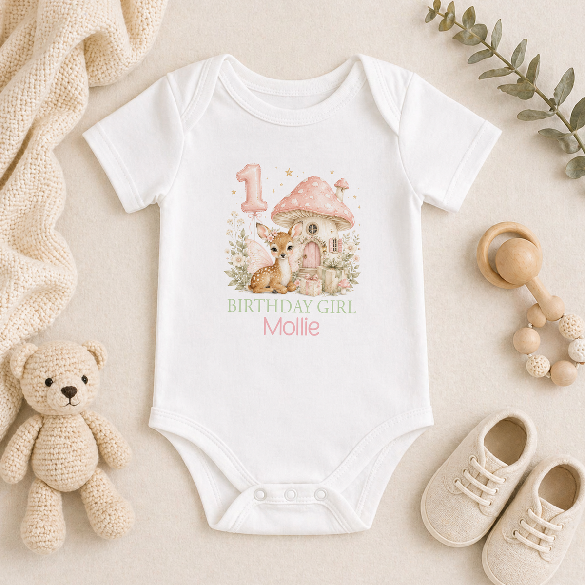Personalised 1st birthday baby vest, Fairy Deer Toadstool Birthday Girl design with name