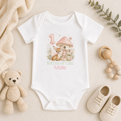 Personalised 1st birthday baby vest, Fairy Deer Toadstool Birthday Girl design with name