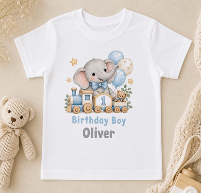 Personalised elephant train first birthday t-shirt – elephant on a toy train with number 1 and balloons, Birthday Boy Oliver