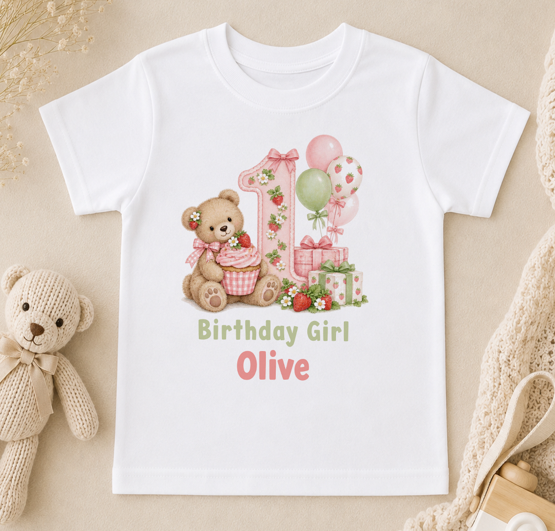 Personalised teddy and strawberries first birthday girl t-shirt with Birthday Girl Olive