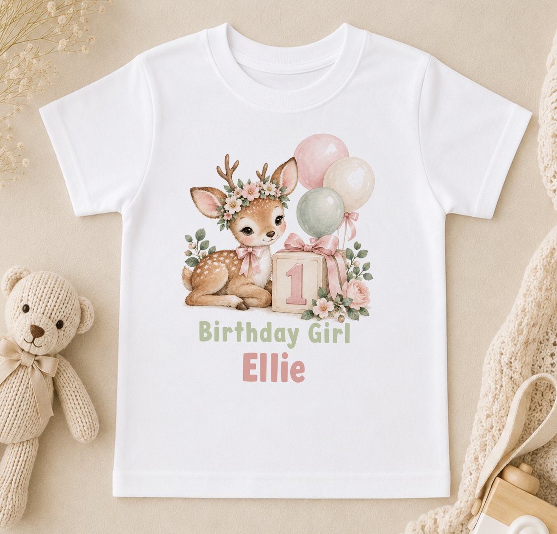 Personalised deer first birthday girl t-shirt with Birthday Girl Ellie