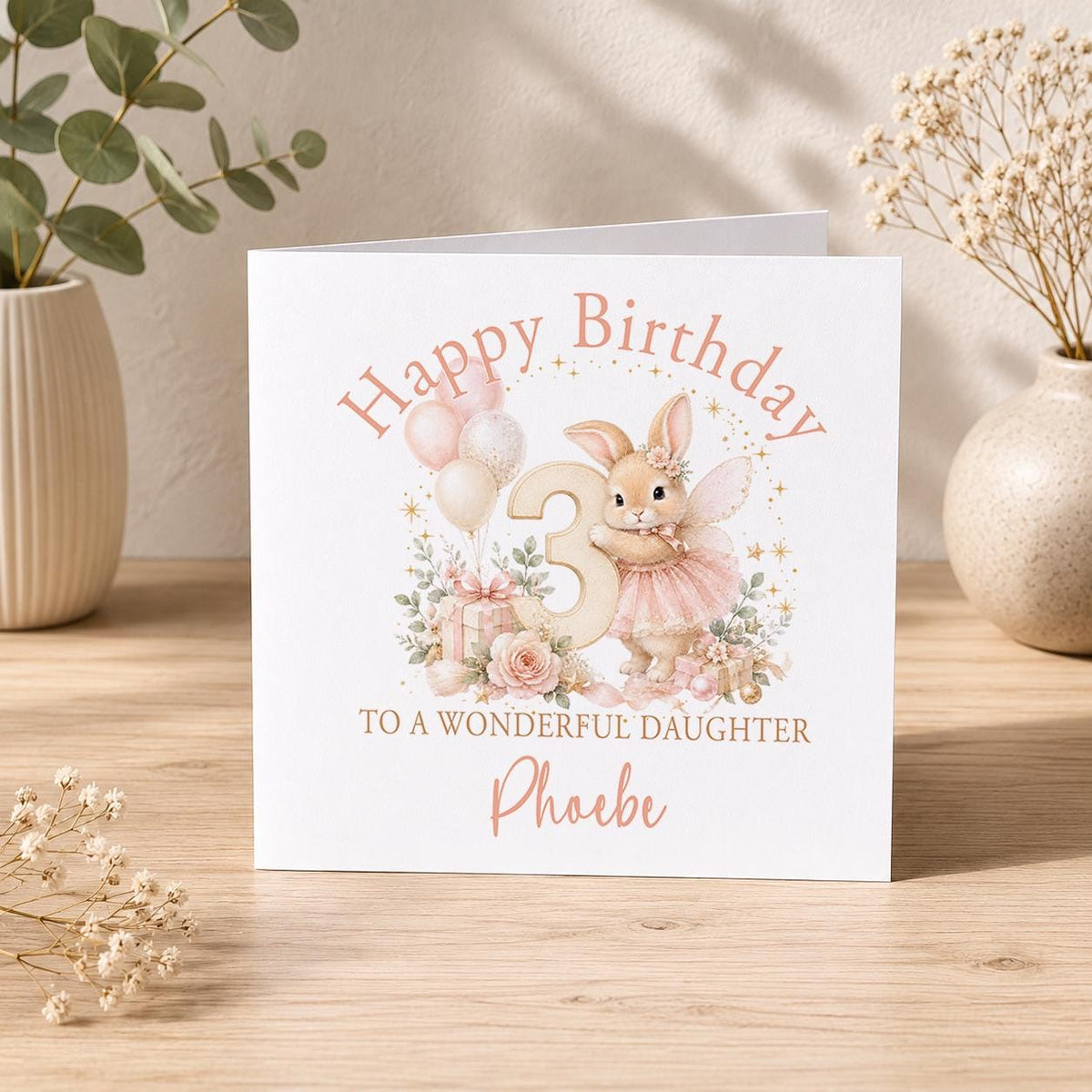 Personalised fairy bunny birthday card – blush fairy bunny with a number 3, Happy Birthday To a Wonderful Daughter Phoebe