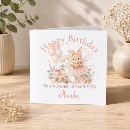 Personalised fairy bunny birthday card – blush fairy bunny with a number 3, Happy Birthday To a Wonderful Daughter Phoebe