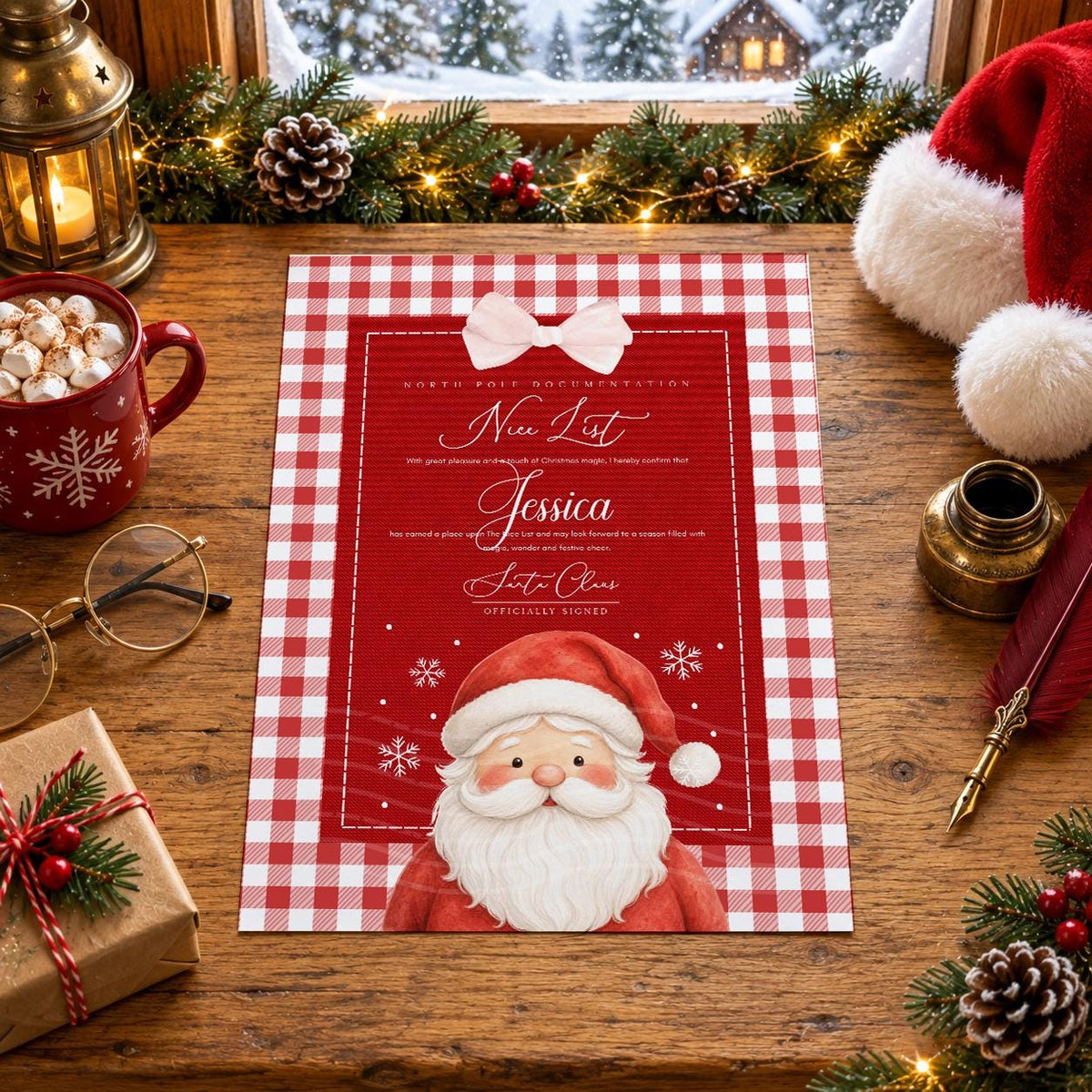 Personalised Nice List certificate with a red and white gingham border, bow and smiling Santa, shown on a festive table