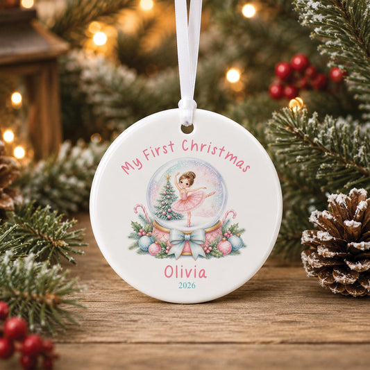 Personalised First Christmas Bauble - Ballerina Snow Globe, Custom Name & Year