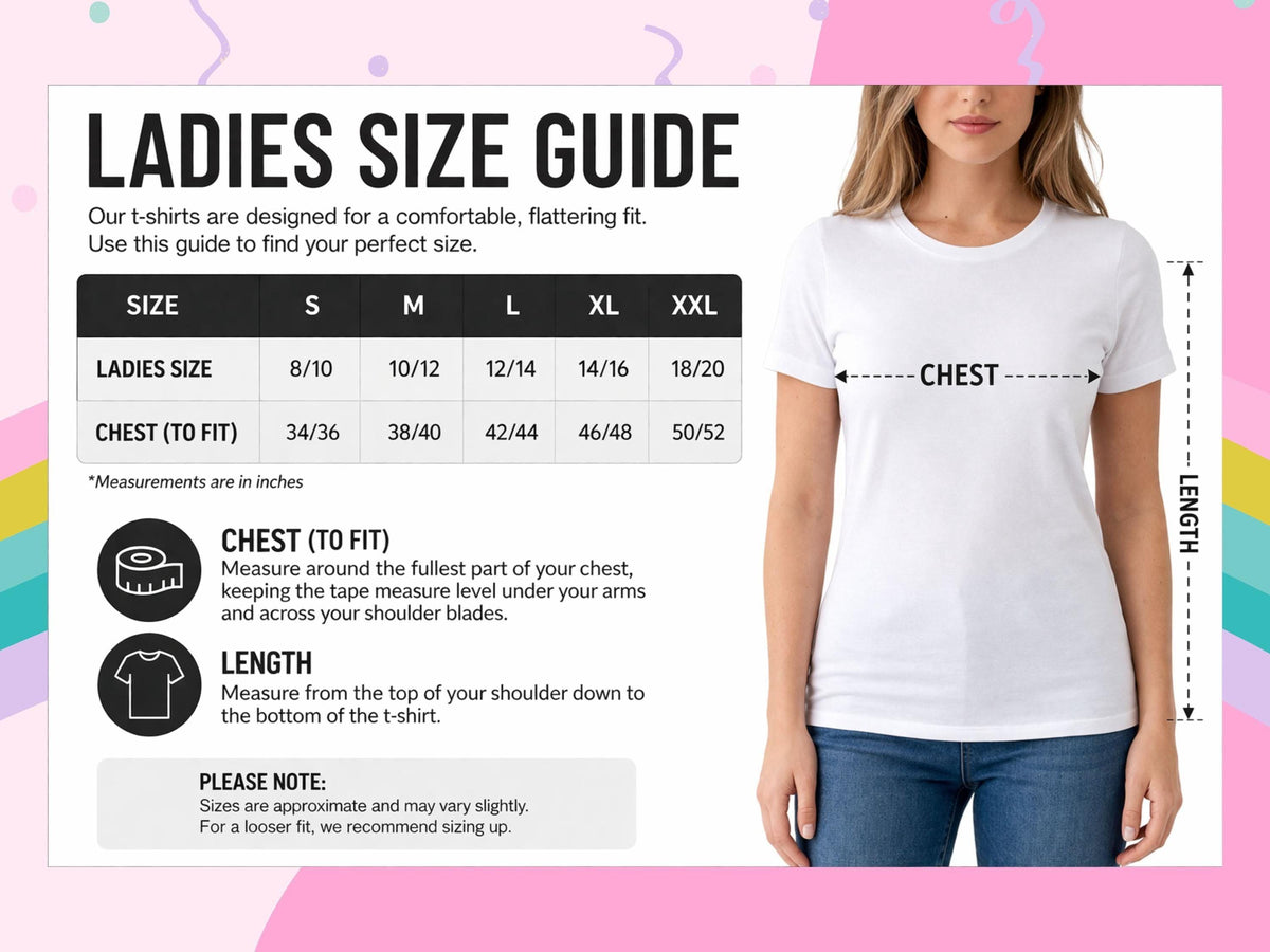 Ladies t-shirt size guide with chest and length measurements for sizes S to XXL