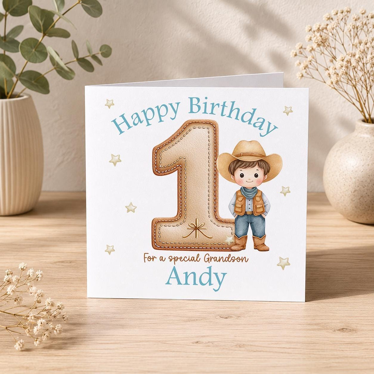 Personalised cowboy 1st birthday card – little cowboy with a brown leather-style number 1, For a Special Grandson Andy