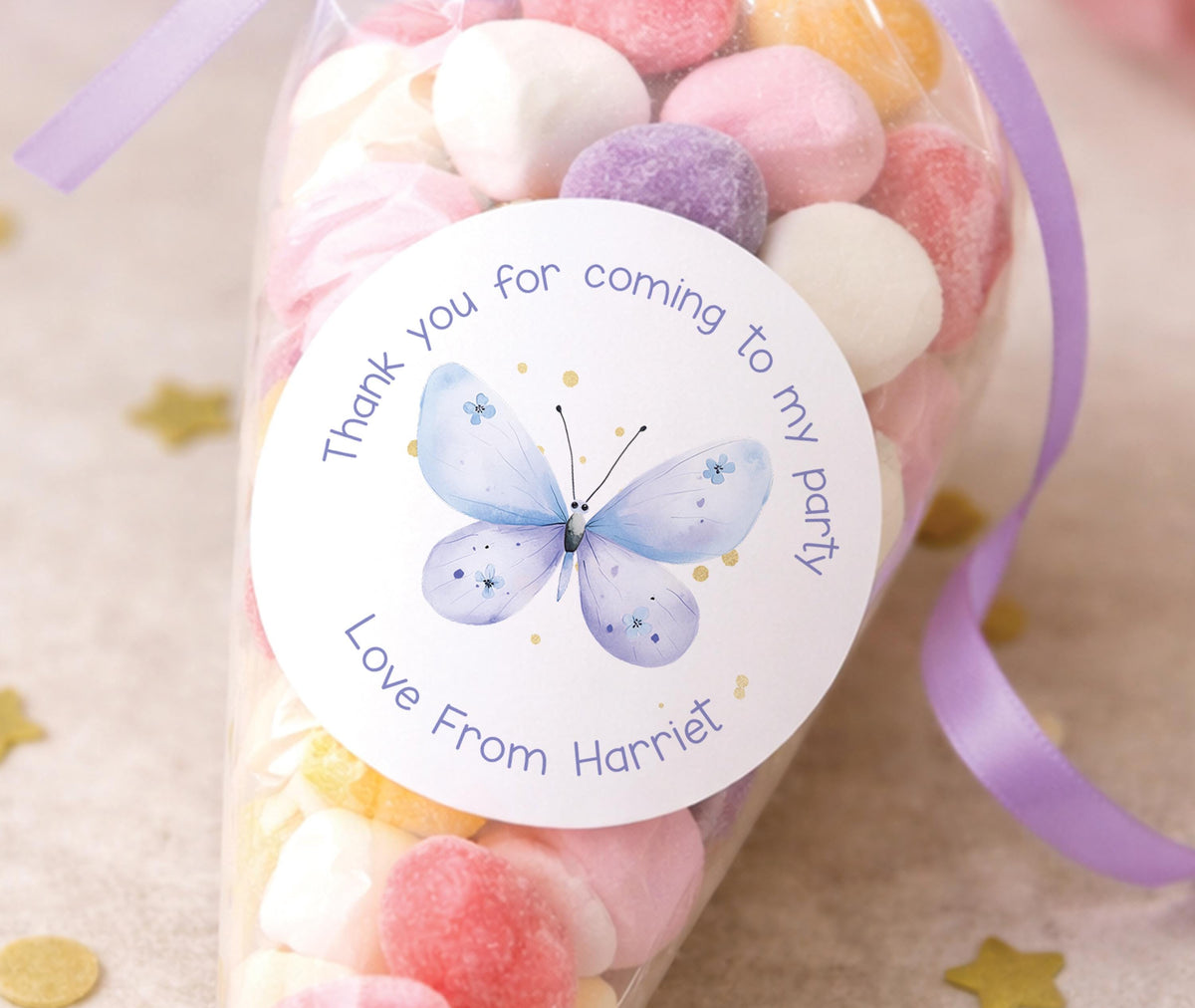 Personalised glossy round sticker featuring a butterfly design for thank-you notes and gift bags