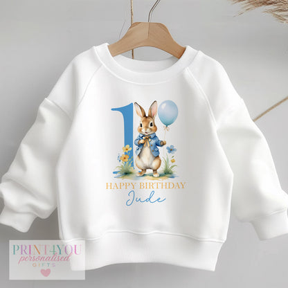 Personalised first birthday bunny sweatshirt for boys, 6-12 months, with custom name