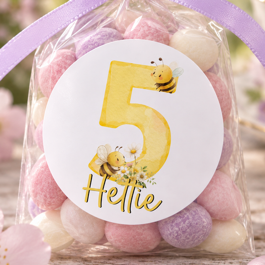 Bee Birthday Stickers – Personalised Glossy Party Bag Tags