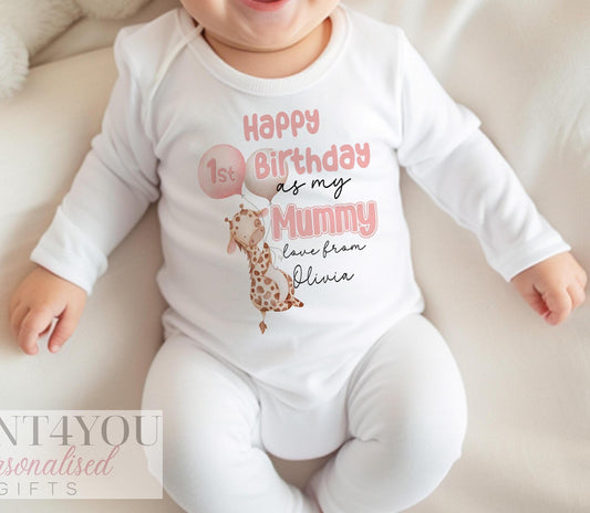 Personalised giraffe 1st birthday bib for Mummy, printed with Happy 1st Birthday As My Mummy and a custom name in pink script.
