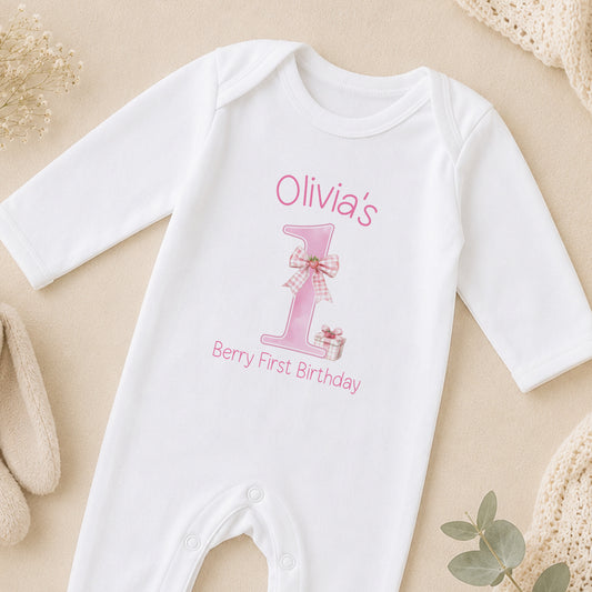 Personalised Berry Gingham Bow First Birthday sleepsuit