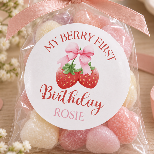Berry Sweet First Birthday Stickers – Personalised Strawberry Party Labels
