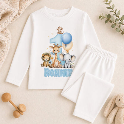 Personalised blue safari animal 1st birthday pyjamas for baby boys, printed with a custom name
