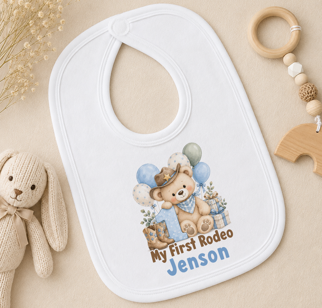 Personalised My First Rodeo first birthday bib with the name Jenson