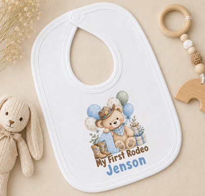 Personalised My First Rodeo first birthday bib with the name Jenson