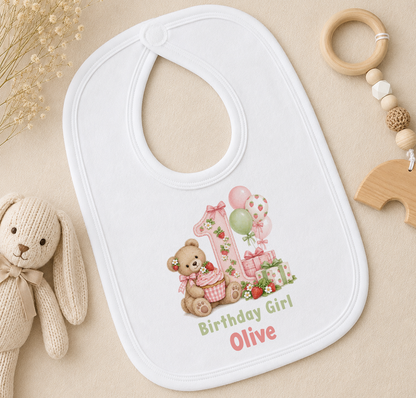 Personalised teddy and strawberries first birthday girl bib with Birthday Girl Olive