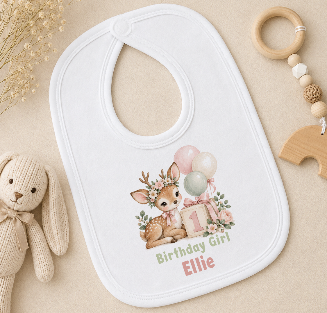 Personalised deer first birthday girl bib with Birthday Girl Ellie