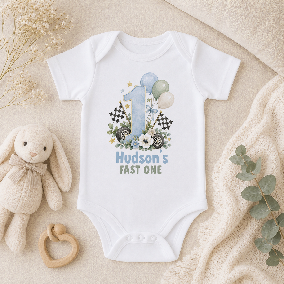 Personalised 1st birthday baby vest, Fast One Racing Car design with name