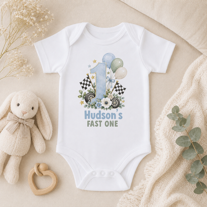 Personalised 1st birthday baby vest, Fast One Racing Car design with name