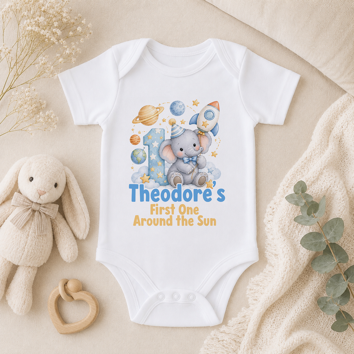 Personalised 1st birthday baby vest, Space Elephant First Trip Around the Sun design with name