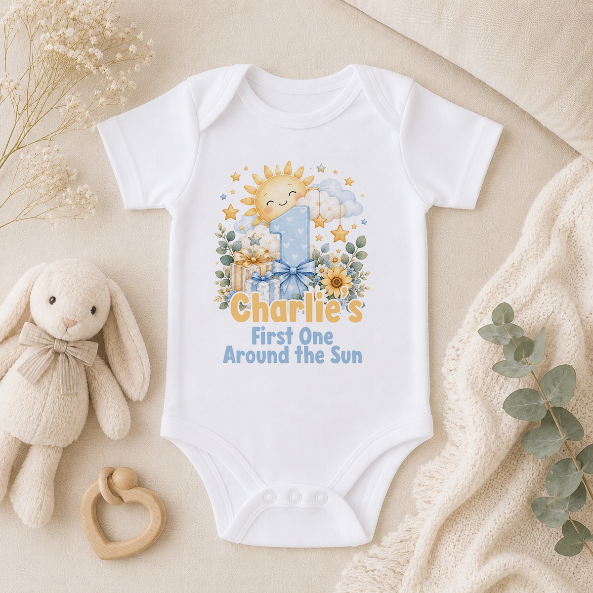 Personalised 1st birthday baby vest, Sunshine First One Around the Sun design with name