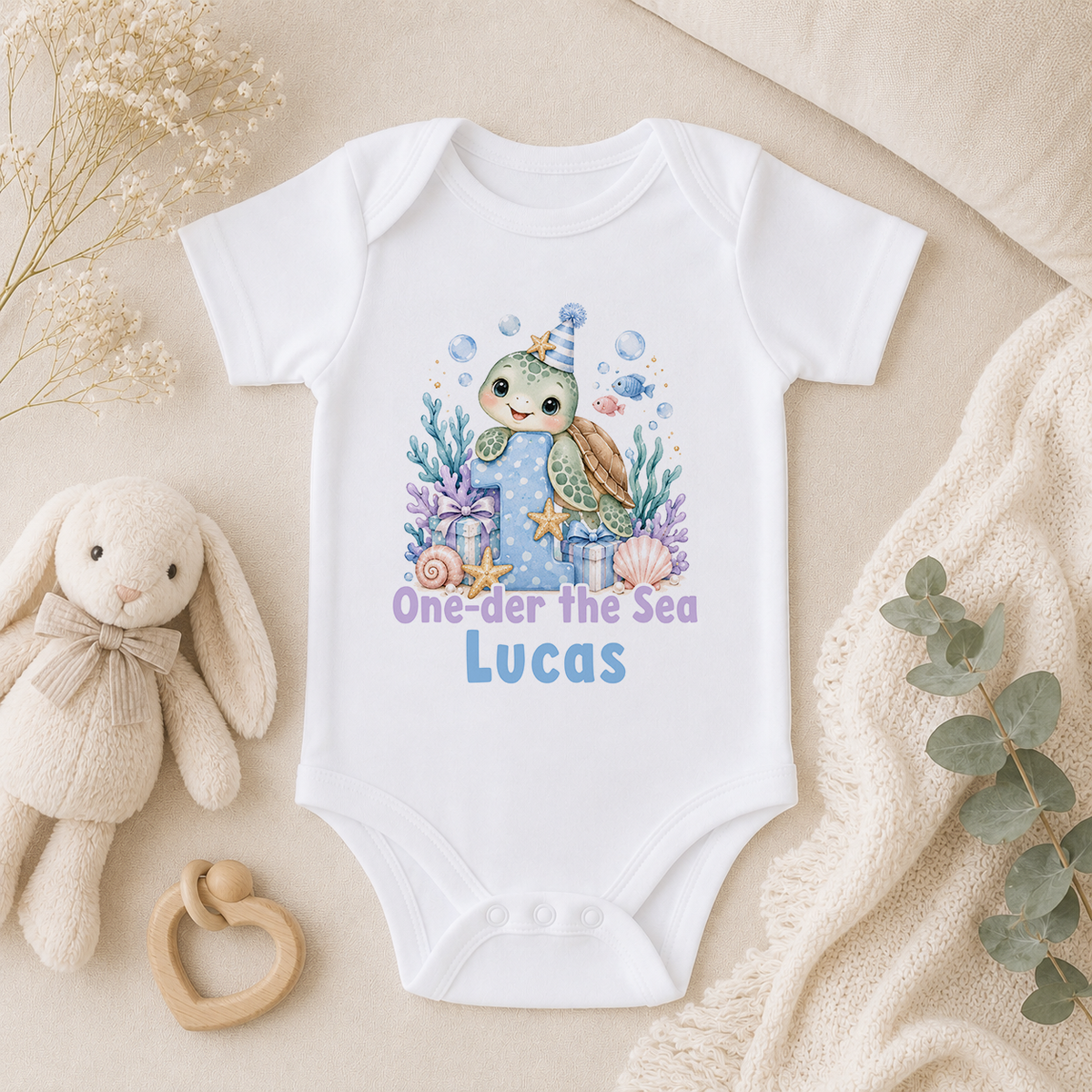Personalised 1st birthday baby vest, Turtle One-der the Sea design with name