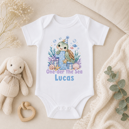Personalised 1st birthday baby vest, Turtle One-der the Sea design with name