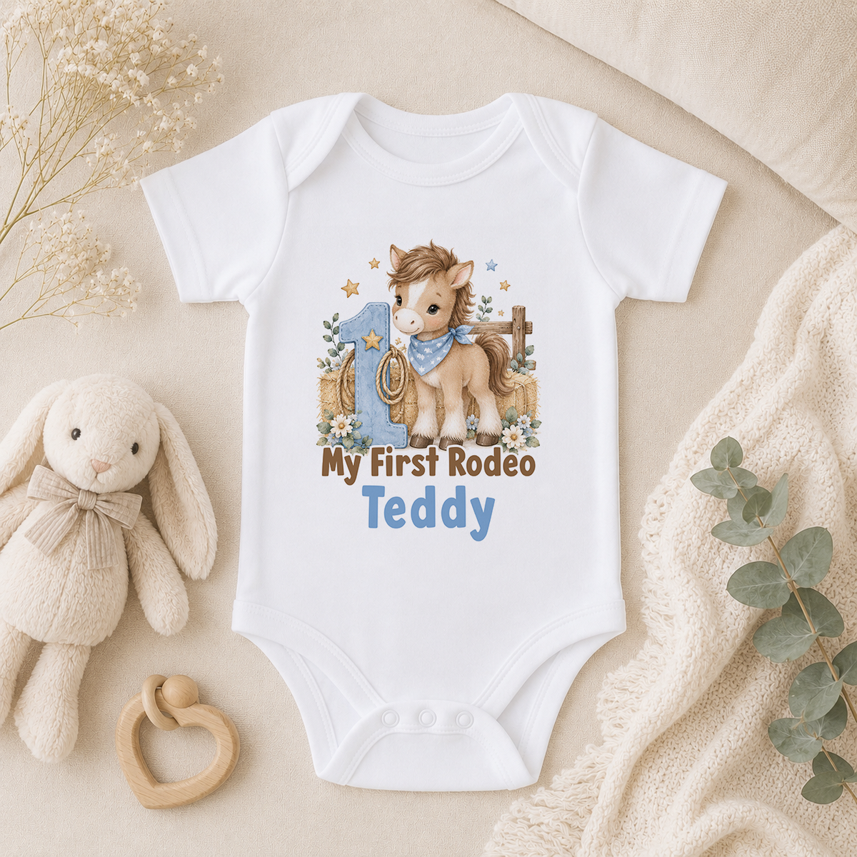 Personalised 1st birthday baby vest, My First Rodeo Pony design with name