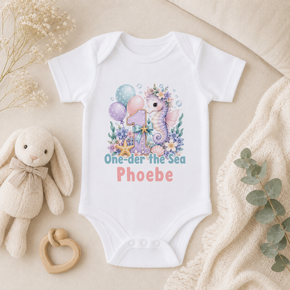 Personalised 1st birthday baby vest, Seahorse One-der the Sea design with name