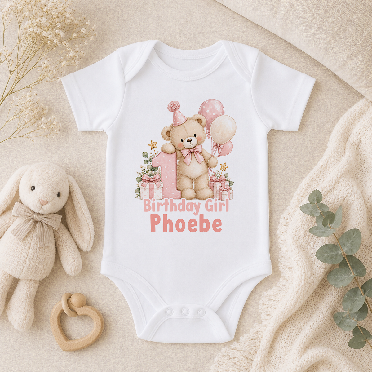 Personalised 1st birthday baby vest, Pink Teddy Balloons Birthday Girl design with name